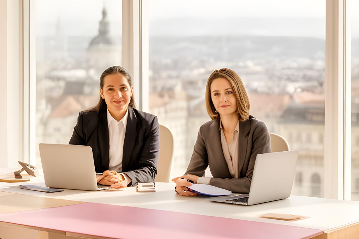 Rechtsanwältin und Rechtsanwalt in einem hellen Wiener Kanzleibüro mit Blick auf die Stadt und professioneller Arbeitsatmosphäre